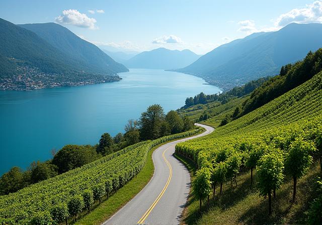Panoramastrasse am Genfersee mit Weinbergen